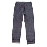 Naval "NCT" Chinos Fabric: “Okinawa 301” denim, 12 Oz. left-hand twill indigo denim, “hairy” and slubby, solid white selvedge ID. Milled in Japan on narrow shuttle looms, from a blend of 20% Okinawan recycled sugar cane fibers and 80% cotton.