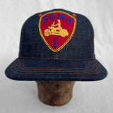 Mister Freedom® Snapback Cap 6P in NOS Cone Mills Denim featuring vintage patches. Made in USA.