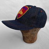 Mister Freedom® Snapback Cap 6P in NOS Cone Mills Denim featuring vintage patches. Made in USA.