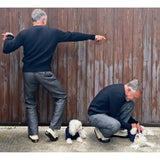 Fit images of Christophe Loiron wearing the size Medium Terrence Cashmere Sweater  with "Nouvelle Vague" Slacks featuring "The Joe Greene"