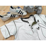 PT Henley Rig: vintage Adidas sneakers and hand weights