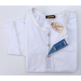 P.T. Henley "R&R" made from white tubular knit, chambray placket facing and genuine bone buttons