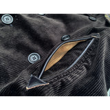 Roamer Care Coat Two ‘hand warmer’ slash welt pockets, two hip pockets with flaps, all lined with golden brown cotton-wool blend corduroy.