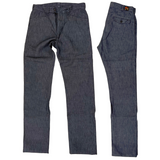 Image of full front and folded size view of the Mister Freedom Nouvelle Vague Slacks in Charcoal Grey featuring the Sportsman back label and snap waist closure